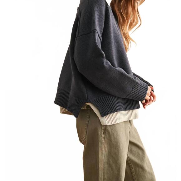 NEW MIOU MUSE color combo v-neck sweater top in navy - Picture 2 of 5